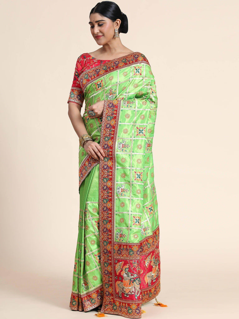 Green & Red Embroidery Cadbury Silk Bridal Wear  Panetar saree