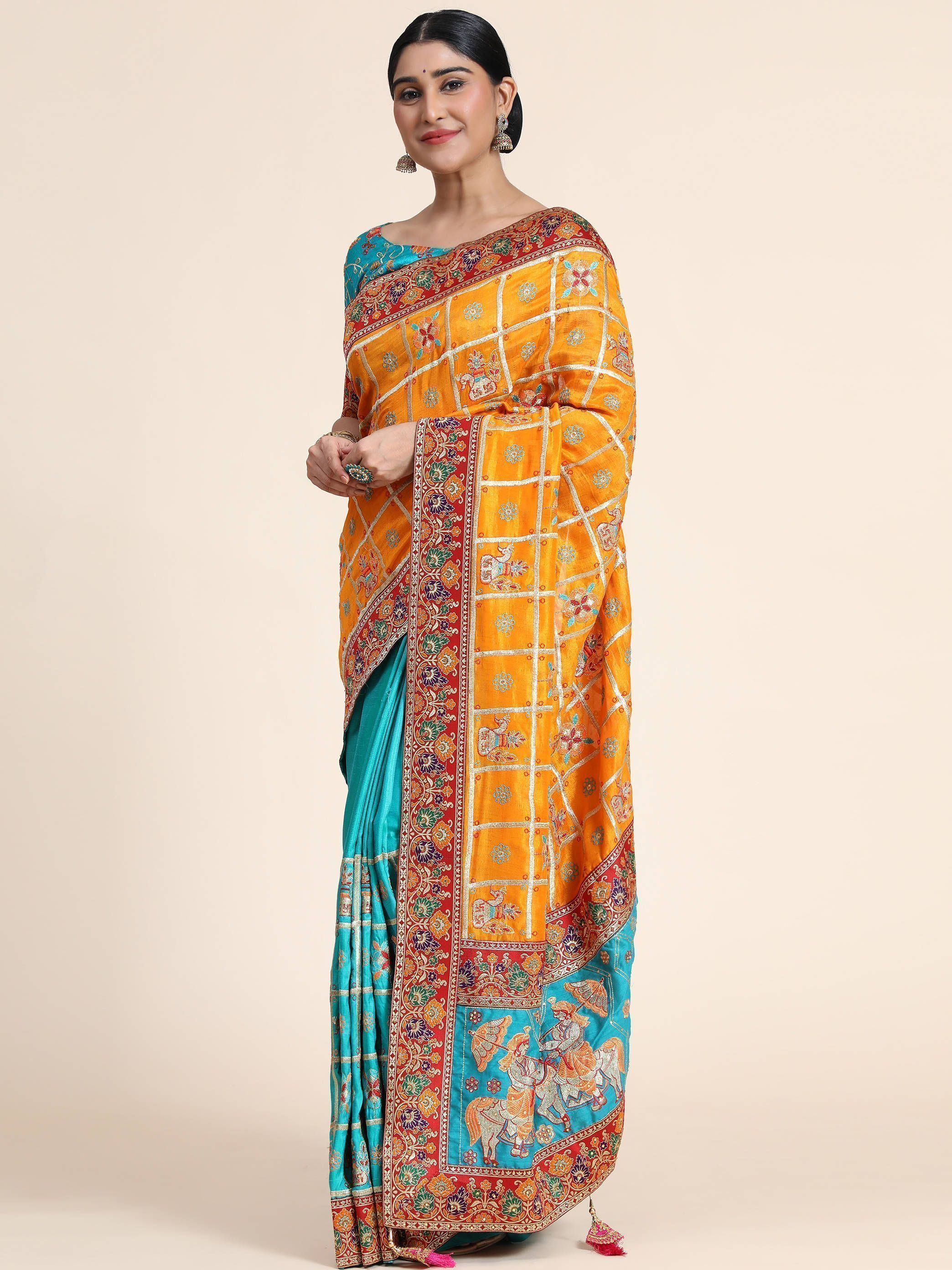 Yellow & Blue Embroidery Cadbury Silk Bridal Wear Panetar Saree