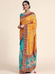 Yellow & Blue Embroidery Cadbury Silk Bridal Wear Panetar Saree