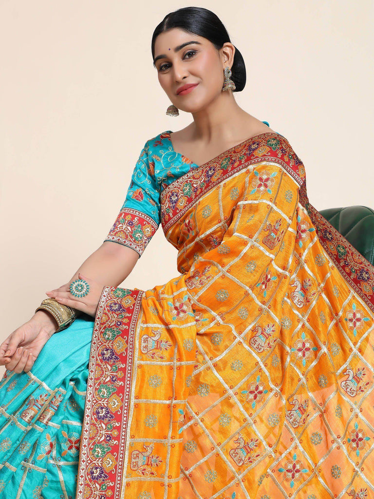 Yellow & Blue Embroidery Cadbury Silk Bridal Wear Panetar Saree