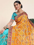 Yellow & Blue Embroidery Cadbury Silk Bridal Wear Panetar Saree