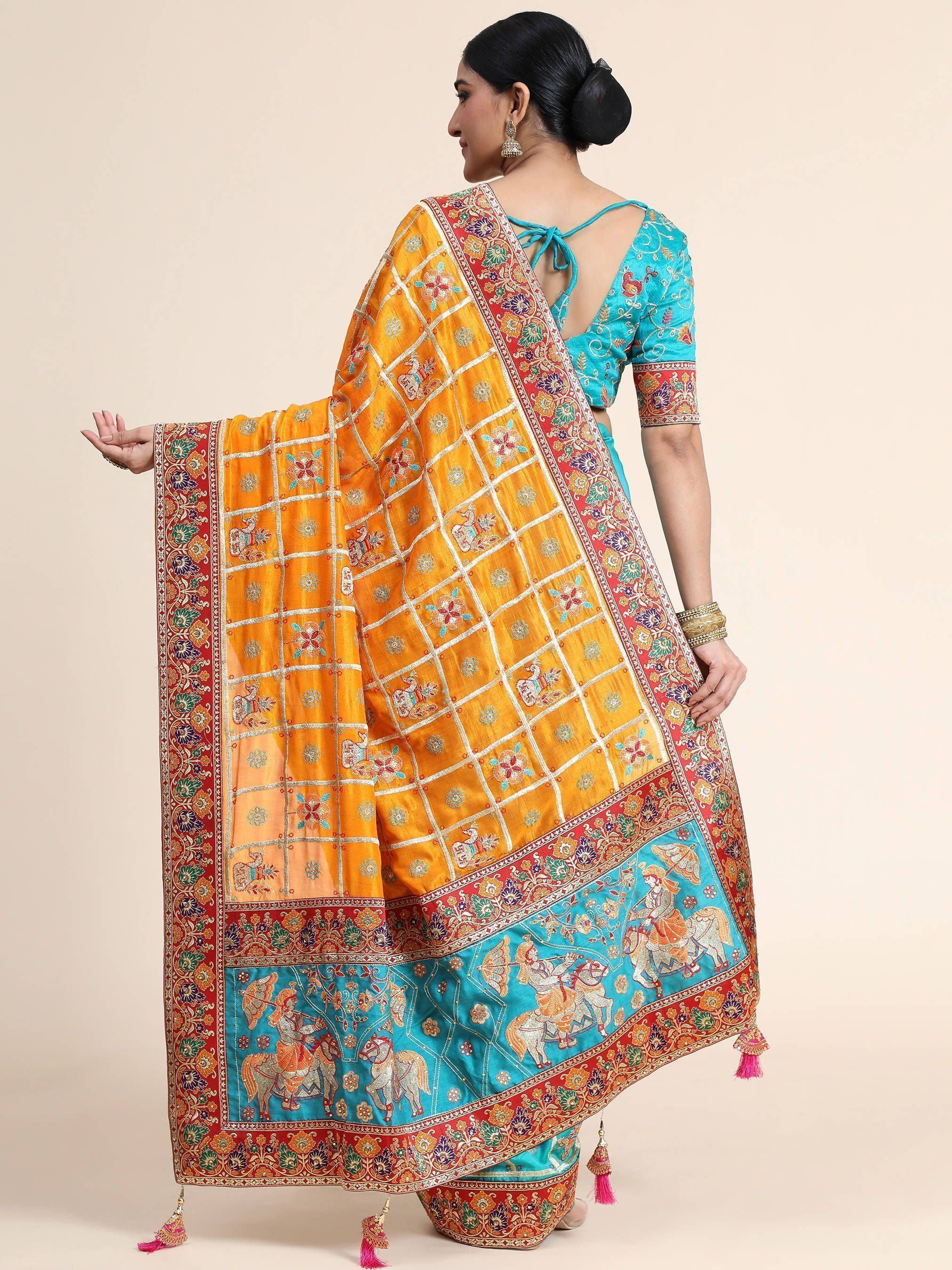 Yellow & Blue Embroidery Cadbury Silk Bridal Wear Panetar Saree