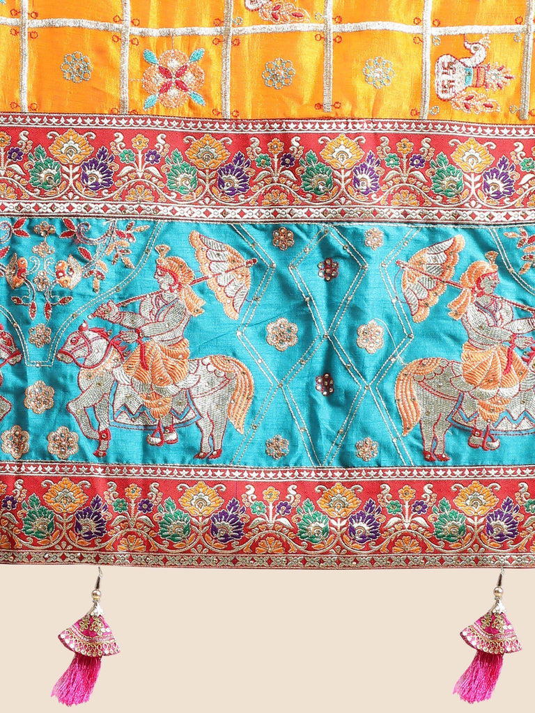 Yellow & Blue Embroidery Cadbury Silk Bridal Wear Panetar Saree