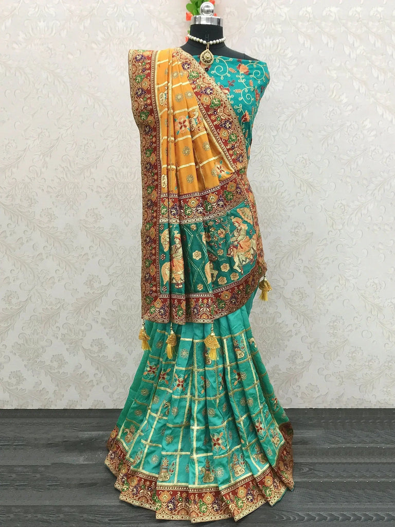 Yellow & Blue Embroidery Cadbury Silk Bridal Wear Panetar Saree