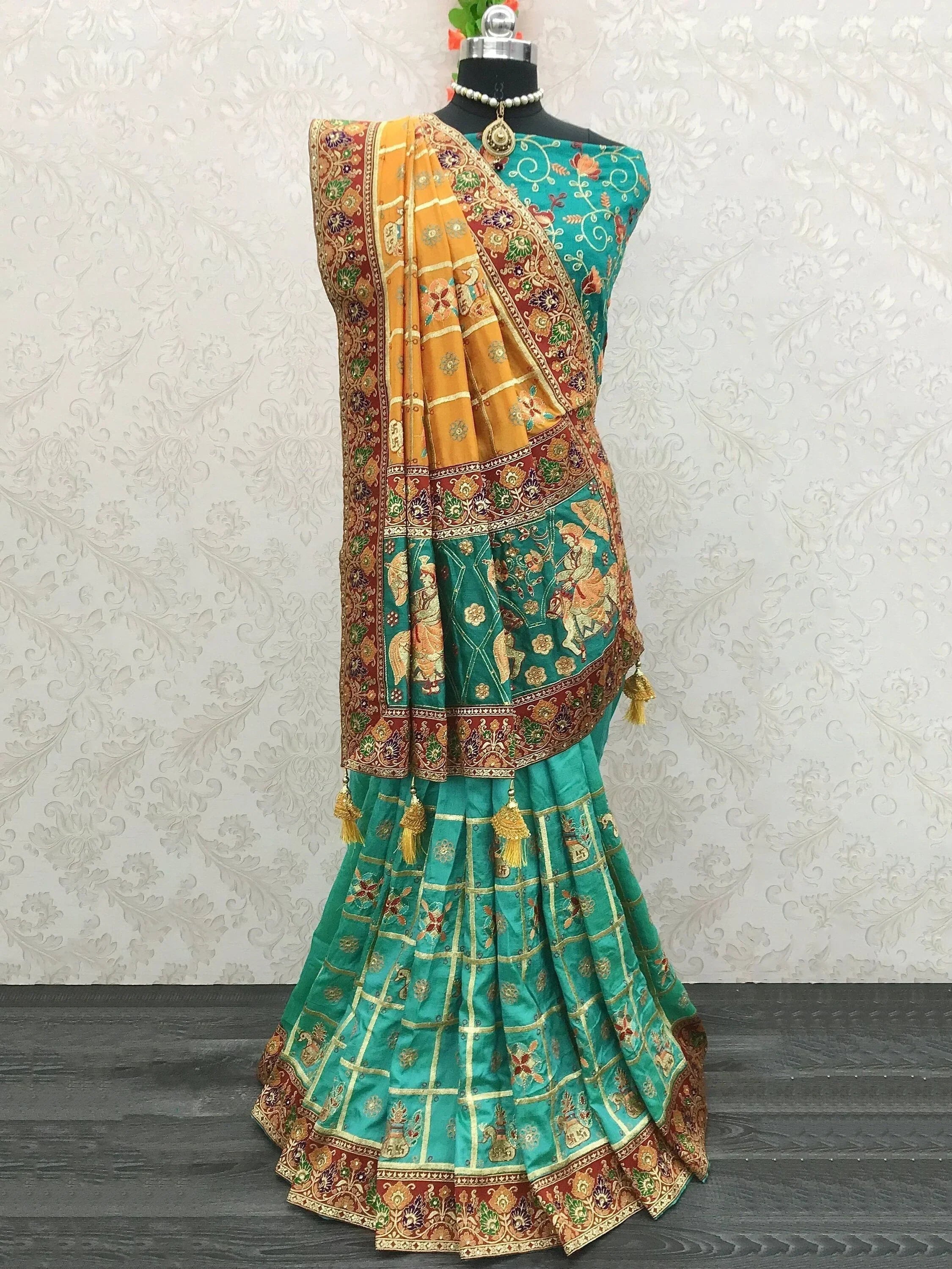 Yellow & Blue Embroidery Cadbury Silk Bridal Wear Panetar Saree