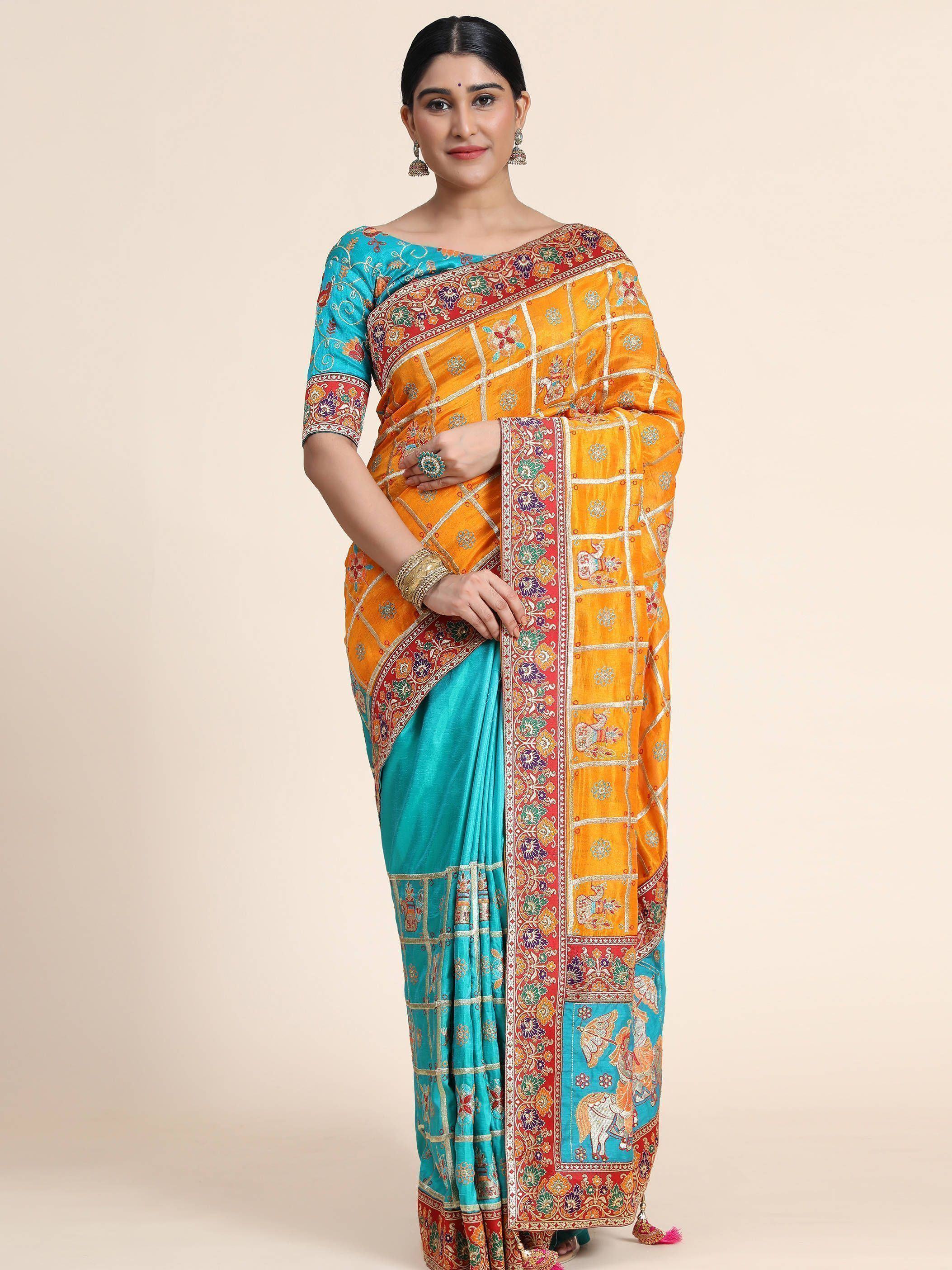 Yellow & Blue Embroidery Cadbury Silk Bridal Wear Panetar Saree