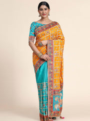 Yellow & Blue Embroidery Cadbury Silk Bridal Wear Panetar Saree