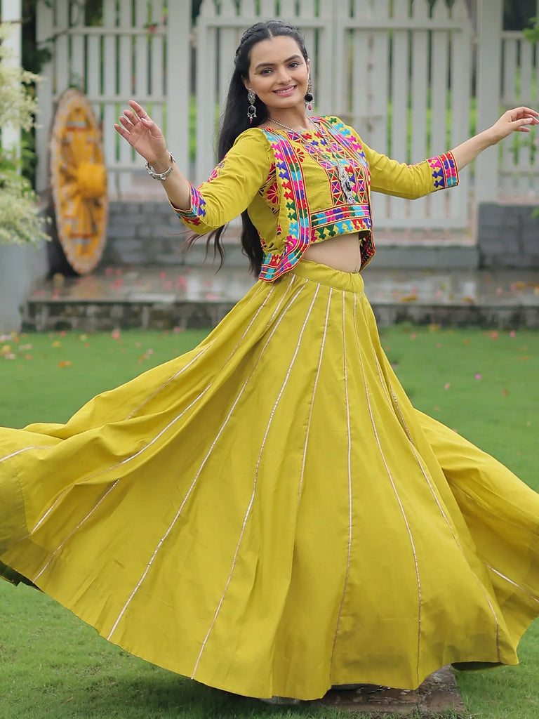 Awesome Parrot Green Silk Gamthi Work Lehenga Choli With Jacket