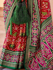 Glamorous Red and Green Patola Print on Silk Sarees with Blouse