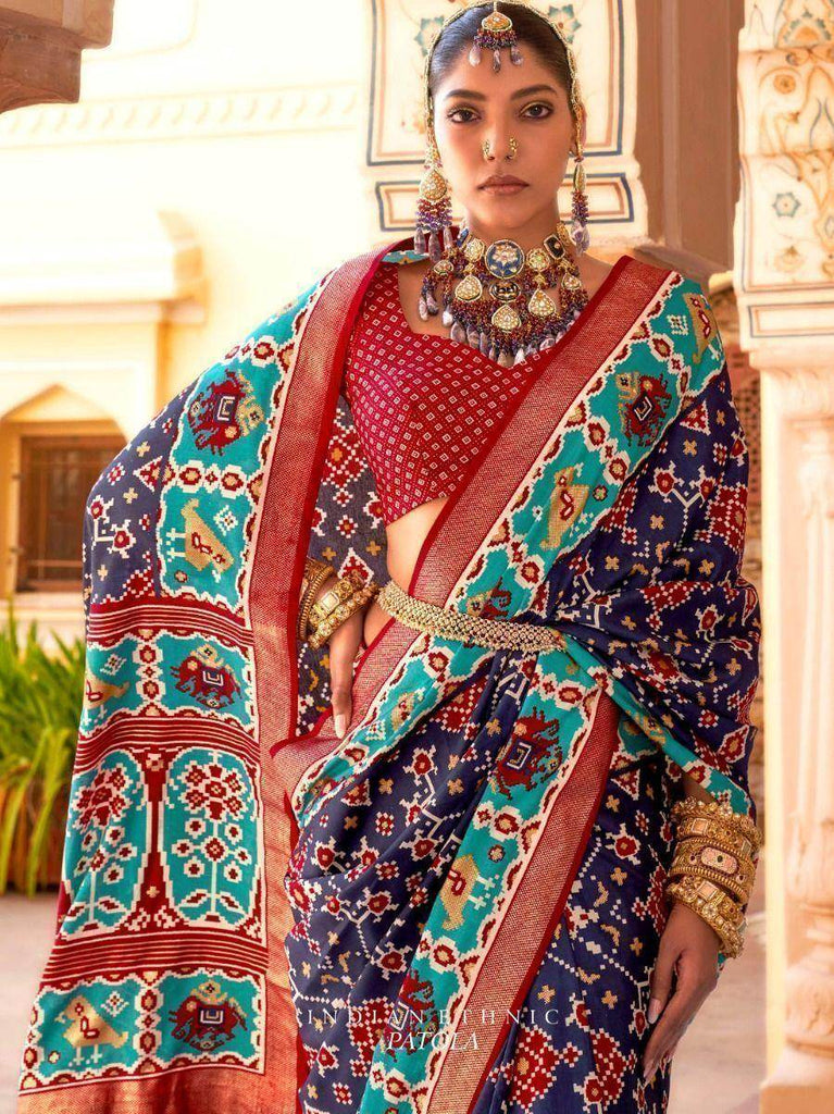 Sumptuous Navy Blue Patola Printed Silk Saree for Wedding with Blouse