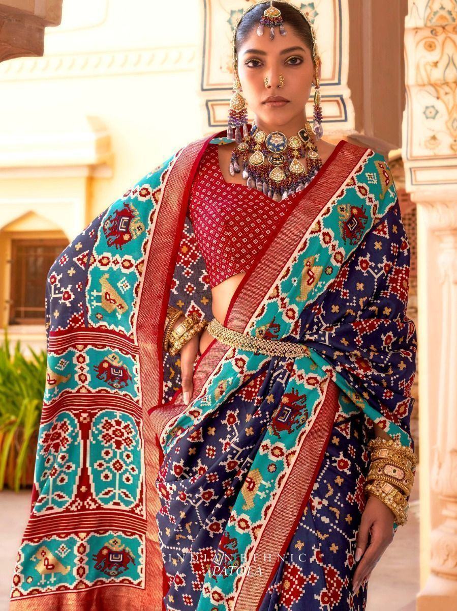 Sumptuous Navy Blue Patola Printed Silk Saree for Wedding with Blouse