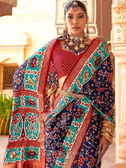 Sumptuous Navy Blue Patola Printed Silk Saree for Wedding with Blouse