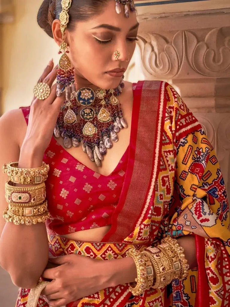 Radiate Mustard Yellow Patola Silk for Reception Saree & Blouse