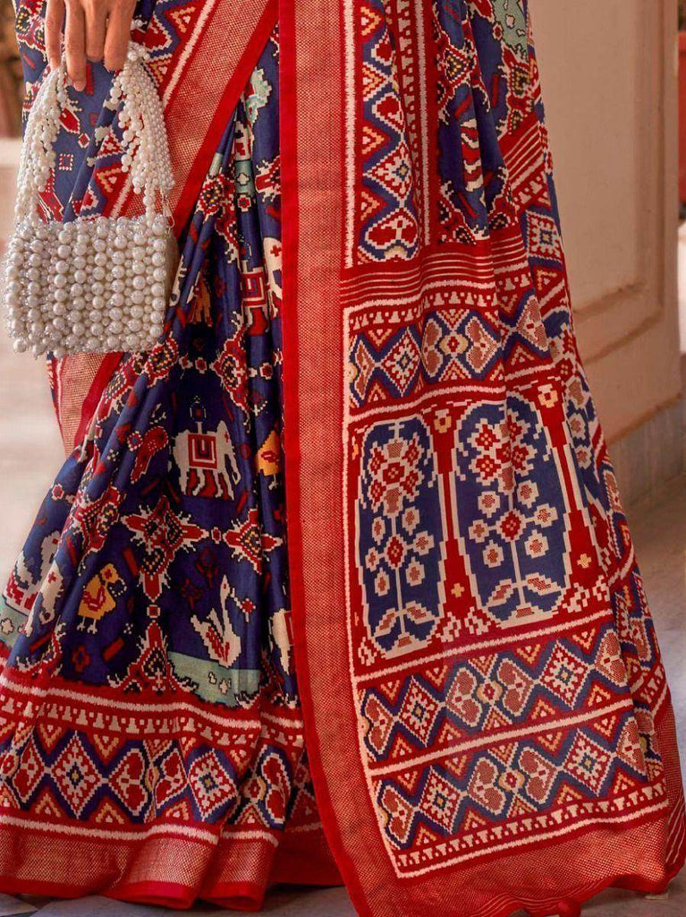 Charm of Navy Blue and Maroon Patola Silk Wedding Saree and Blouse