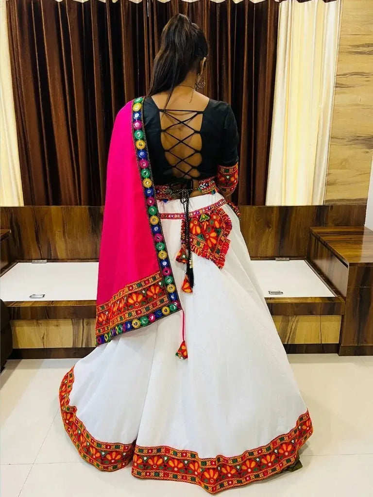 Charming White Gamthi Work Cotton Navratri Wear Lehenga Choli