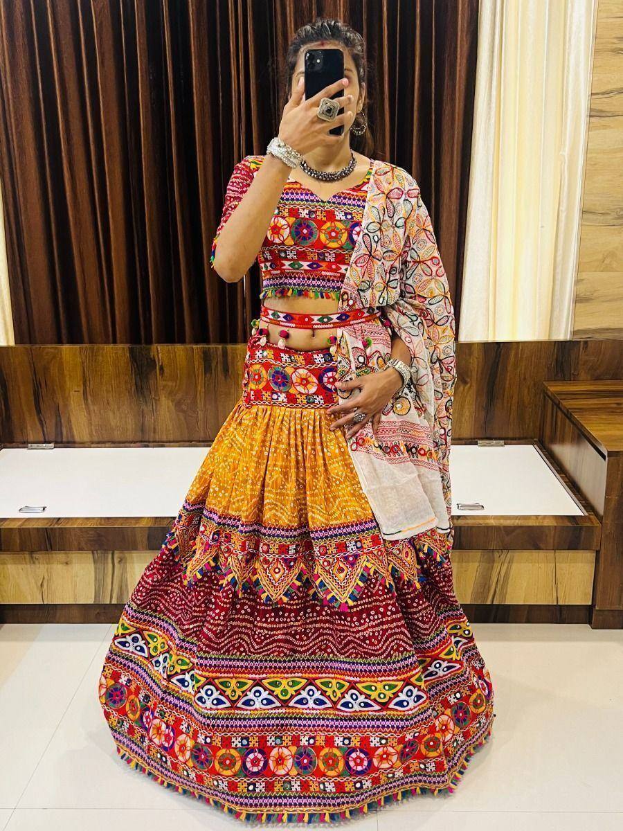 Colorful embroidered lehenga choli with mirror work, perfect for Indian ethnic wear and festive occasions