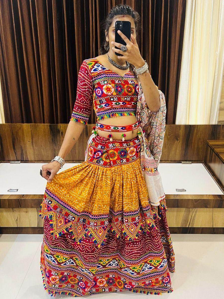 Vibrant Multi-Coloured Gamthi Work Cotton Navratri Wear Lehenga Choli