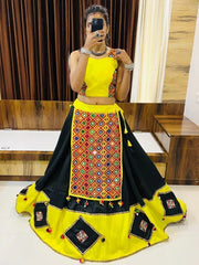 Ultimate Black & Yellow Gamthi-Work Cotton Navratri Lehenga Choli