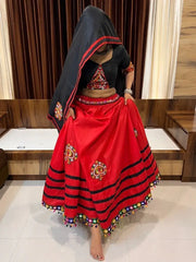 Captivate Red & Black Gamthi Work Cotton Navratri Lehenga Choli