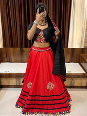 Captivate Red & Black Gamthi Work Cotton Navratri Lehenga Choli