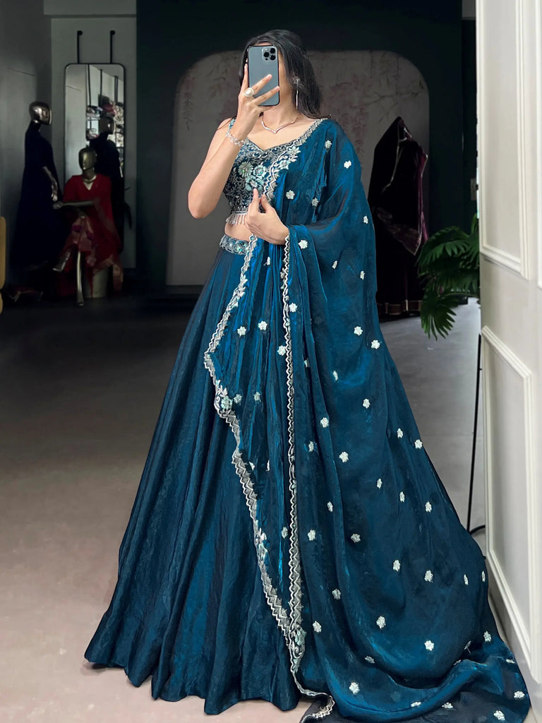 Amazing Teal Blue Organza Floral Embroidery Lehenga Choli With Dupatta