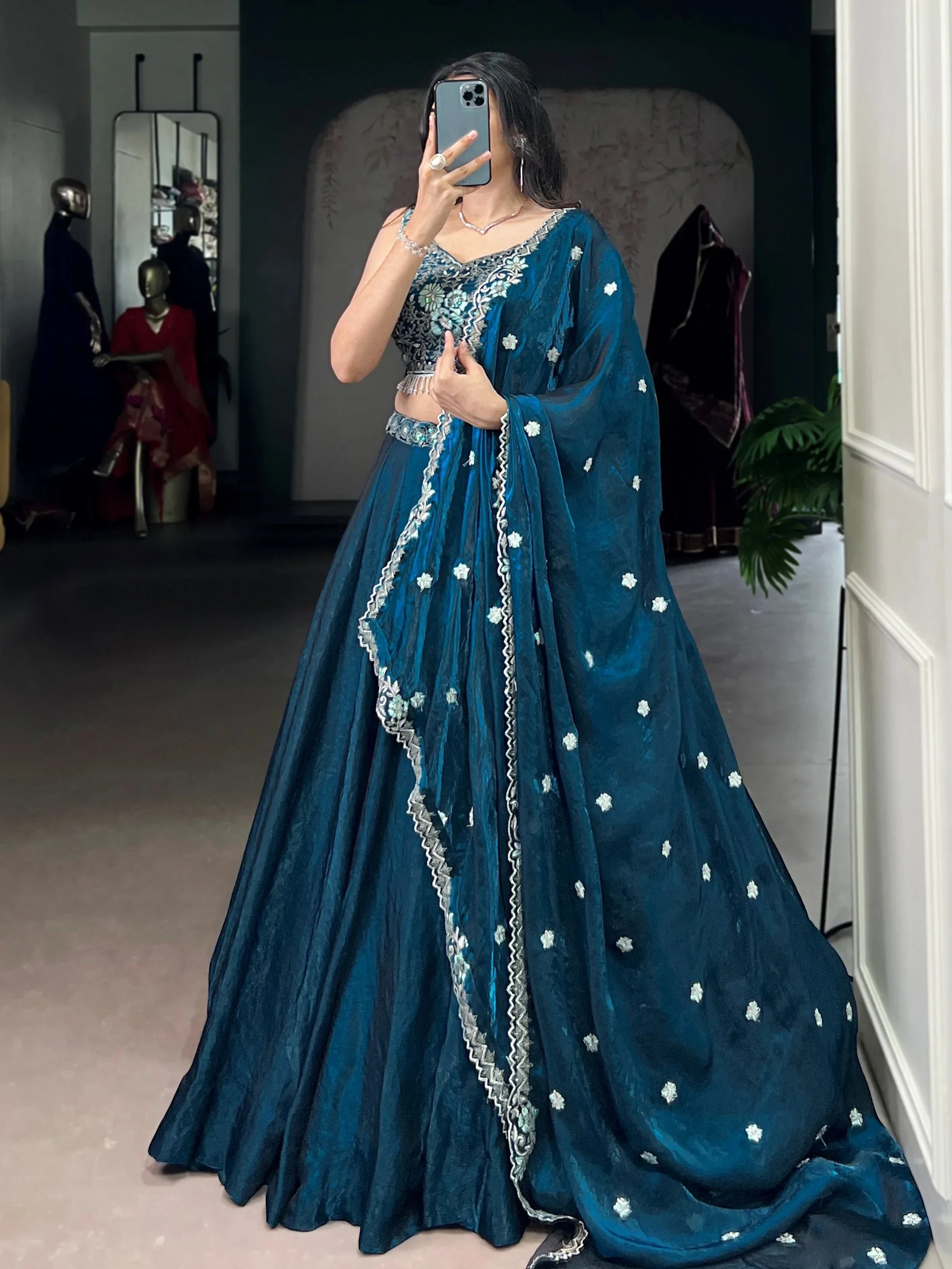 Amazing Teal Blue Organza Floral Embroidery Lehenga Choli With Dupatta