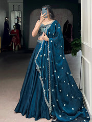 Amazing Teal Blue Organza Floral Embroidery Lehenga Choli With Dupatta