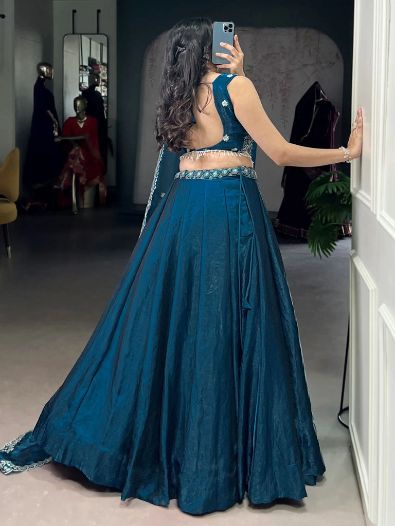 Amazing Teal Blue Organza Floral Embroidery Lehenga Choli With Dupatta