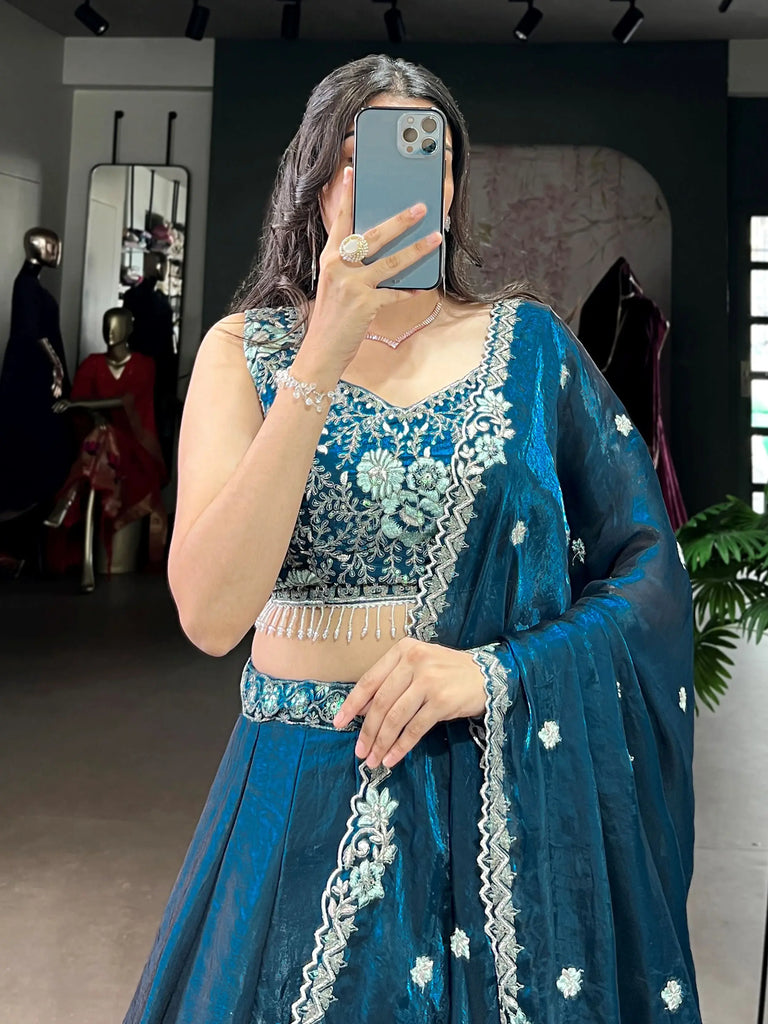 Amazing Teal Blue Organza Floral Embroidery Lehenga Choli With Dupatta