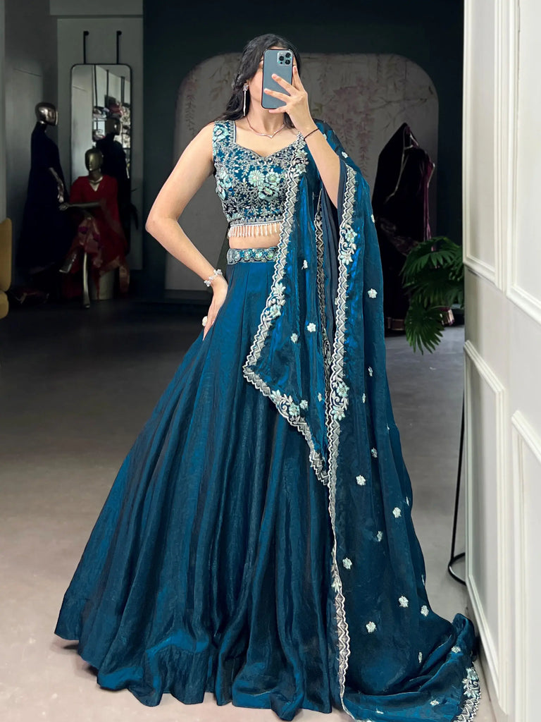 Amazing Teal Blue Organza Floral Embroidery Lehenga Choli With Dupatta