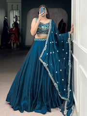 Amazing Teal Blue Organza Floral Embroidery Lehenga Choli With Dupatta