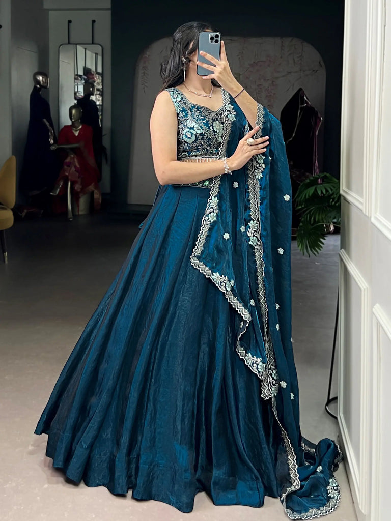 Amazing Teal Blue Organza Floral Embroidery Lehenga Choli With Dupatta