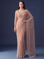 Magnificent Peach Bead Work Net Function Wear Saree With Blouse