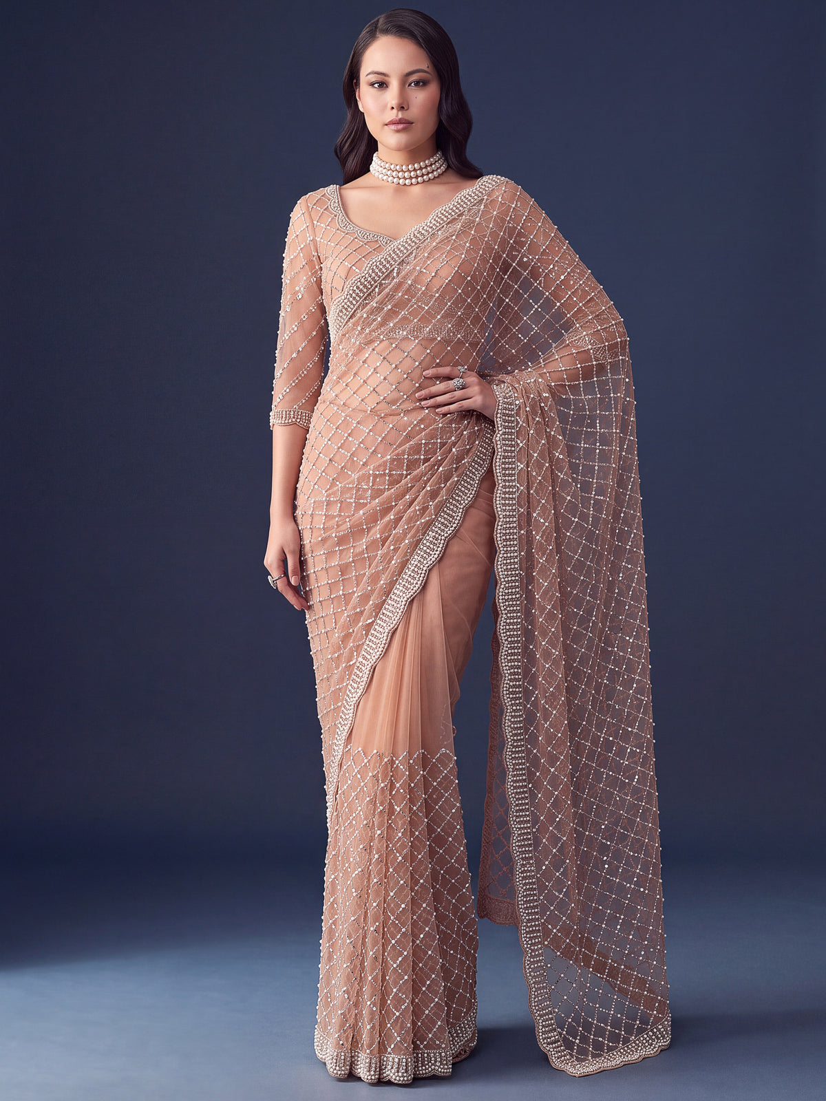Magnificent Peach Bead Work Net Function Wear Saree With Blouse