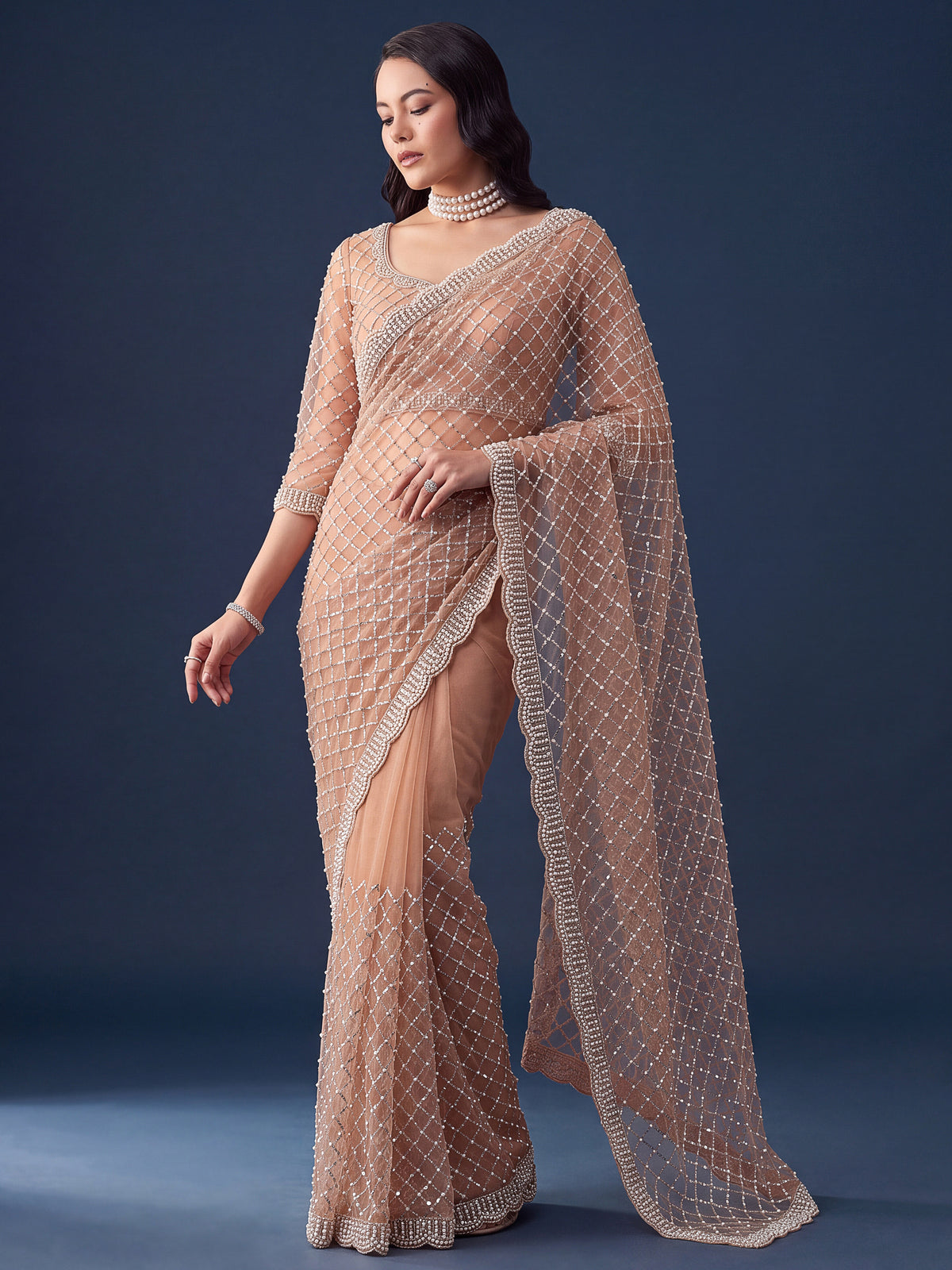 Magnificent Peach Bead Work Net Function Wear Saree With Blouse