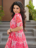 Glamorous Peach Georgette Floral Printed Casual Wear Gown