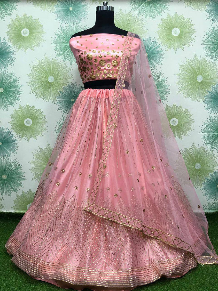 Fabulous Peach Net Embroidered Function Wear Lehenga Choli