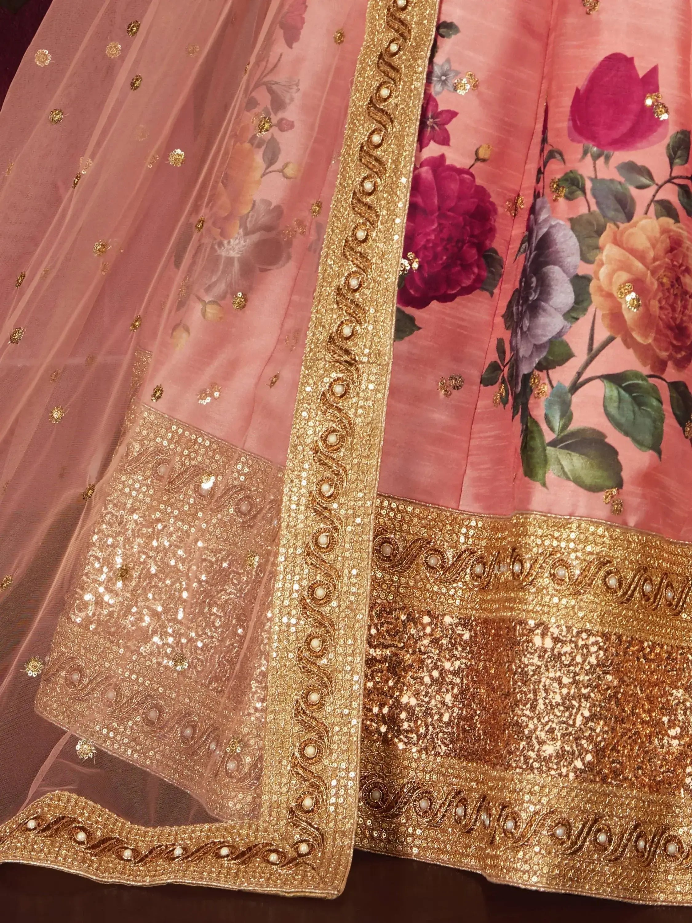 Peach Floral Printed Banglori Silk Bridal Lehenga Choli With Dupatta