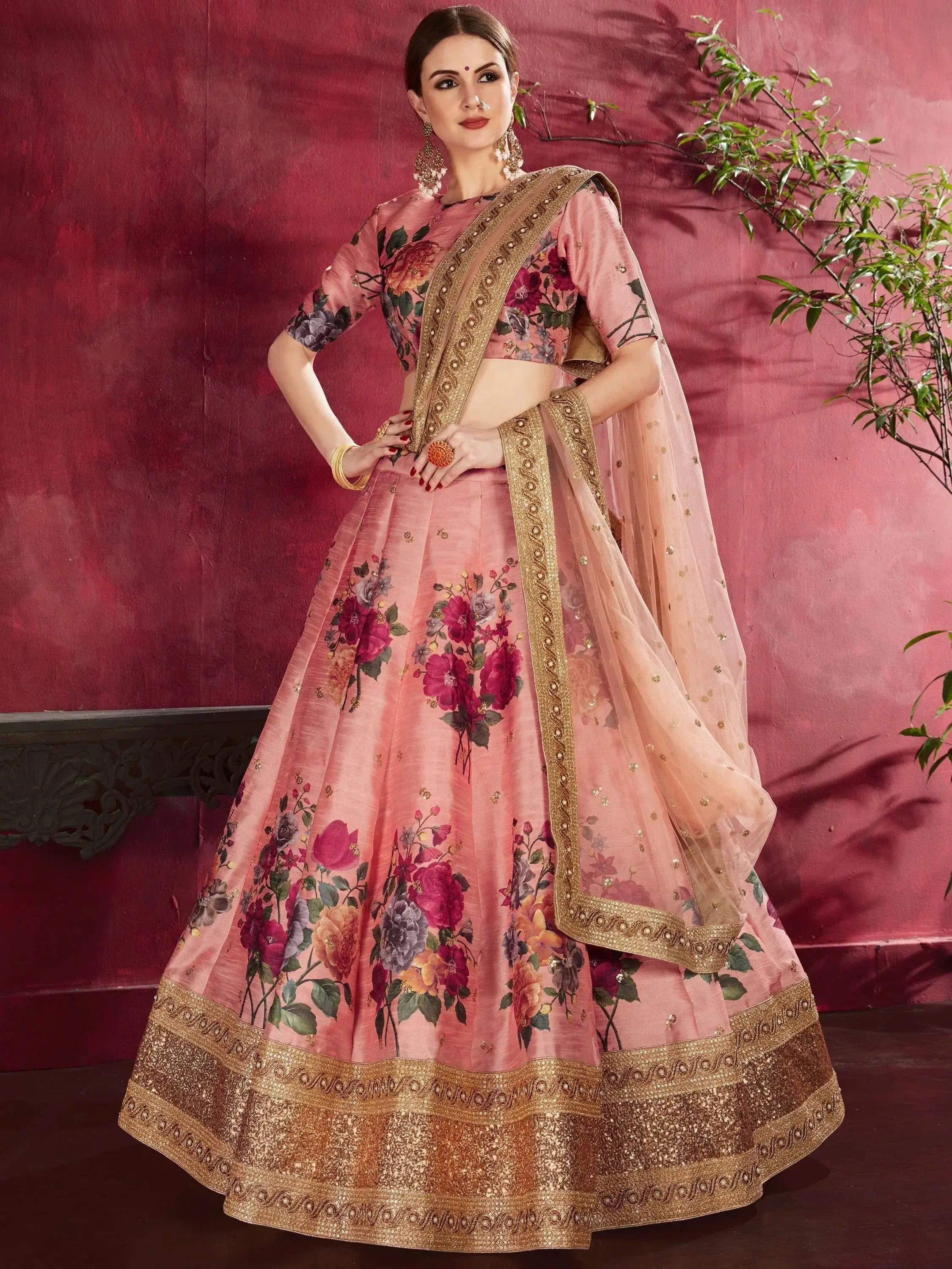 Peach Floral Printed Banglori Silk Bridal Lehenga Choli With Dupatta