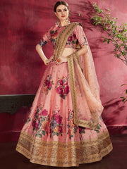Peach Floral Printed Banglori Silk Bridal Lehenga Choli With Dupatta