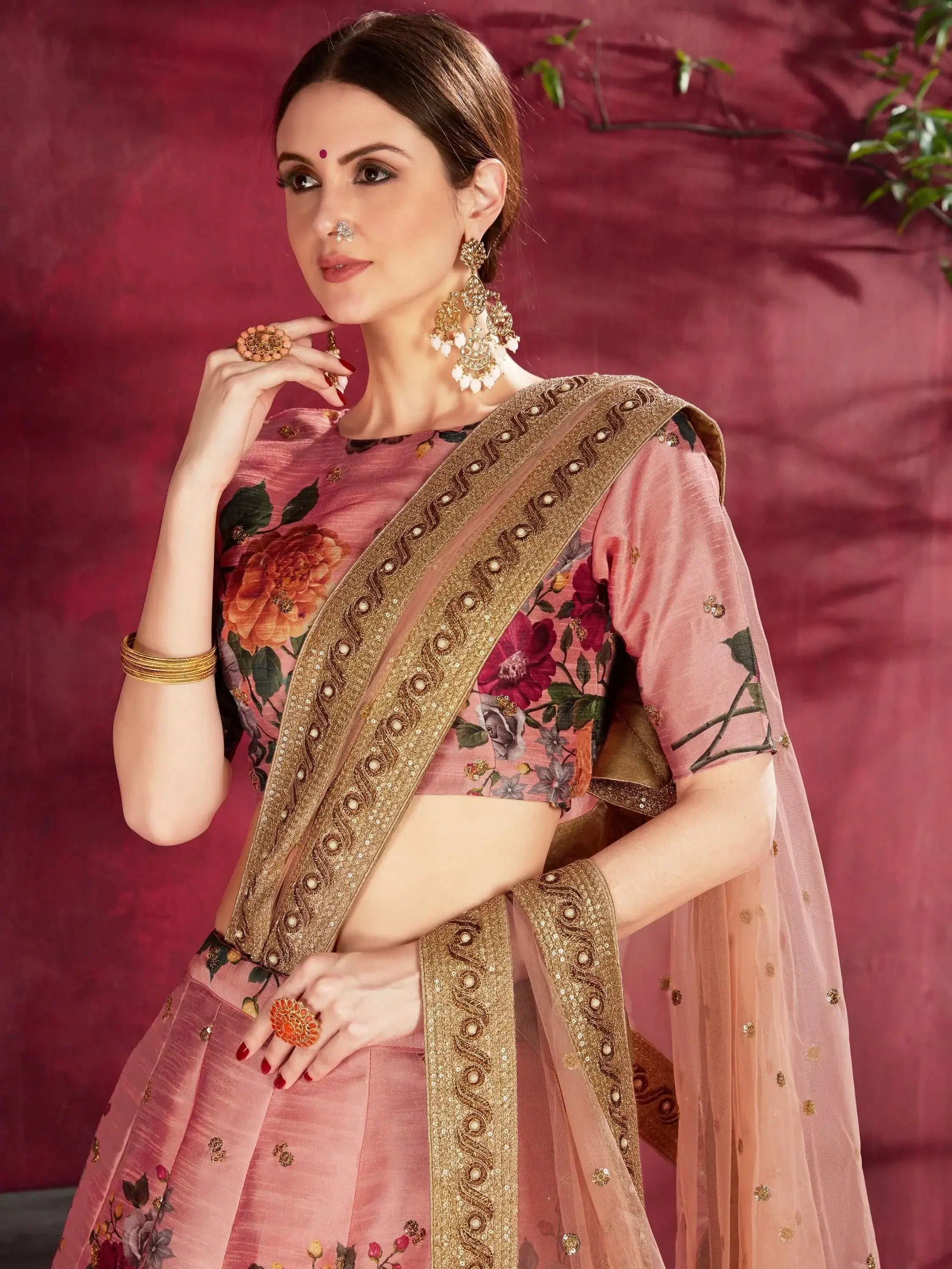 Peach Floral Printed Banglori Silk Bridal Lehenga Choli With Dupatta
