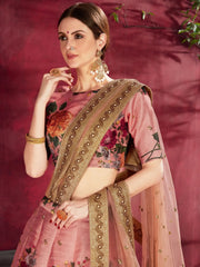 Peach Floral Printed Banglori Silk Bridal Lehenga Choli With Dupatta