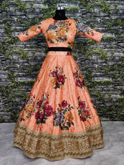 Peach Floral Digital Printed Art Silk Bridal Lehenga Choli