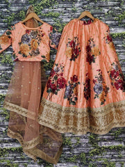 Peach Floral Digital Printed Art Silk Bridal Lehenga Choli