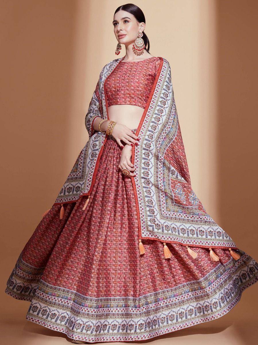 Red printed lehenga choli with embroidered dupatta, ethnic Indian wear for weddings and festivals