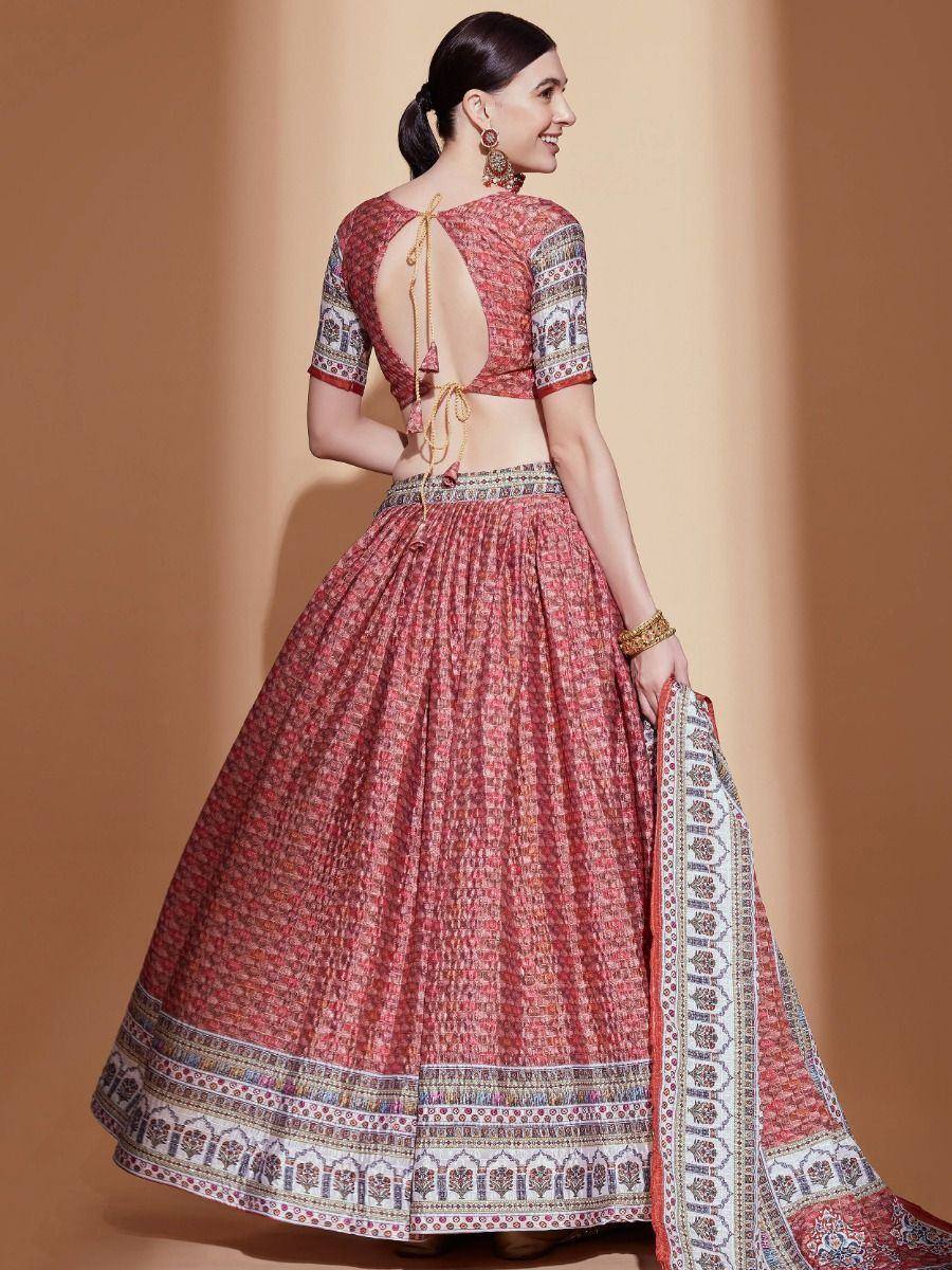 Red printed lehenga choli with back tie detail, ethnic Indian wear for women