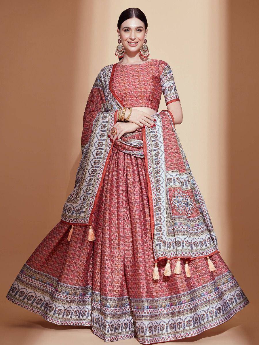 Red printed lehenga choli with dupatta, ethnic Indian wear for weddings and festivals