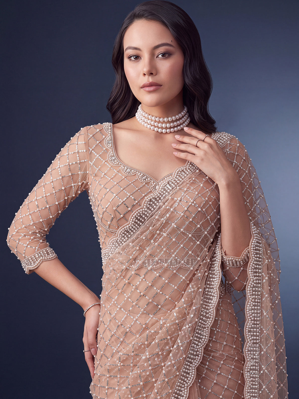Magnificent Peach Bead Work Net Function Wear Saree With Blouse