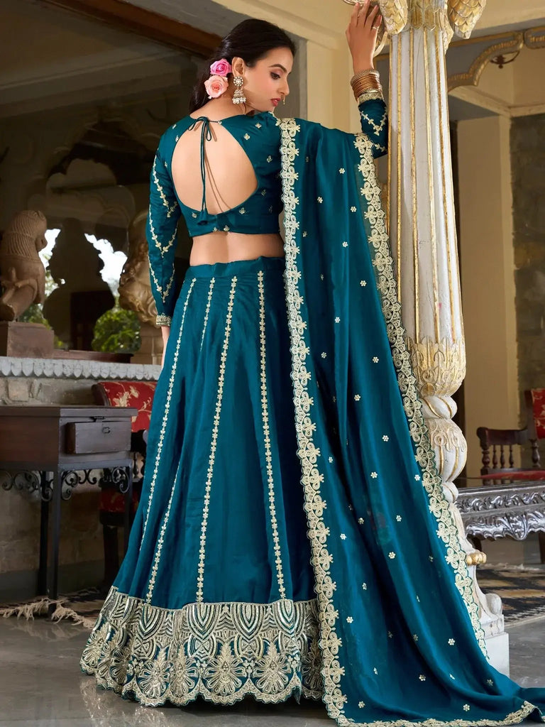 Phenomenal Teal Blue Sequins Vichitra Silk Engagement Wear Lehenga Choli - Ethnic Plus In