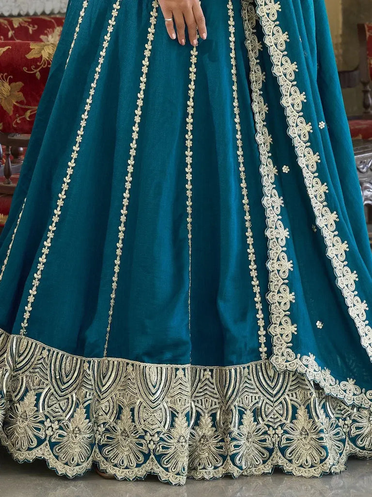 Phenomenal Teal Blue Sequins Vichitra Silk Engagement Wear Lehenga Choli - Ethnic Plus In